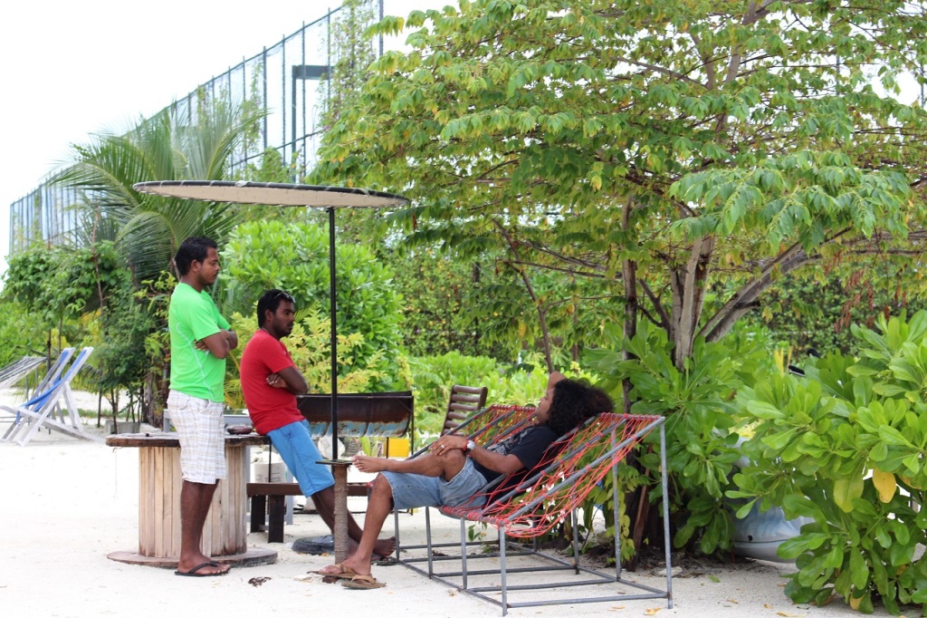 The towering fence around Kuda Huraa's part of Huraa island