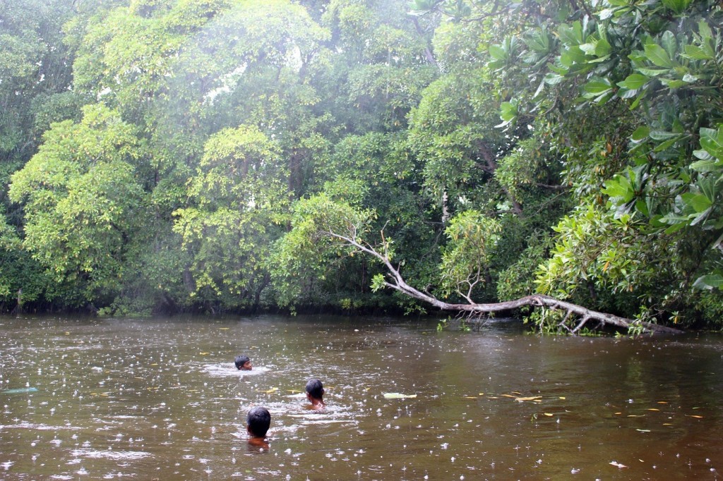 lovely raining lake picture boys swimming